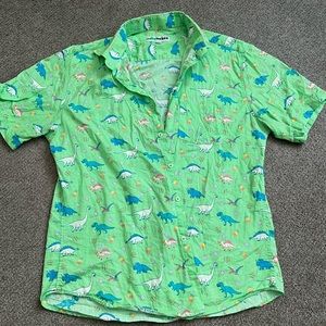 fun, green dinosaur lightweight button up short sleeve shirt